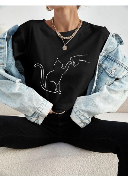 Cat Baskılı Kadın Oversize Salas T-Shirt Boyfriend fiyatları