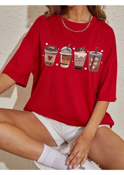 Coffes Baskılı Kadın Oversize Kırmızı Salas T-Shirt Boyfriend