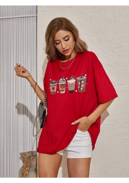 Coffes Baskılı Kadın Oversize Kırmızı Salas T-Shirt Boyfriend fiyatları
