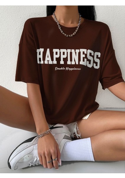 Happıness Baskılı Kadın Oversize Salas T-Shirt Boyfirend