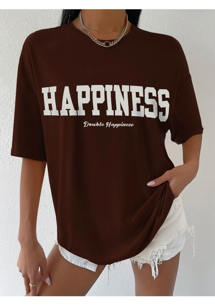 Happıness Baskılı Kadın Oversize Salas T-Shirt Boyfirend