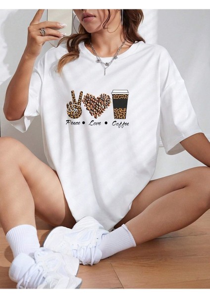 Peace Love Coffe Baskılı Oversize T-Shirt Salaş Boyfirend fiyatları
