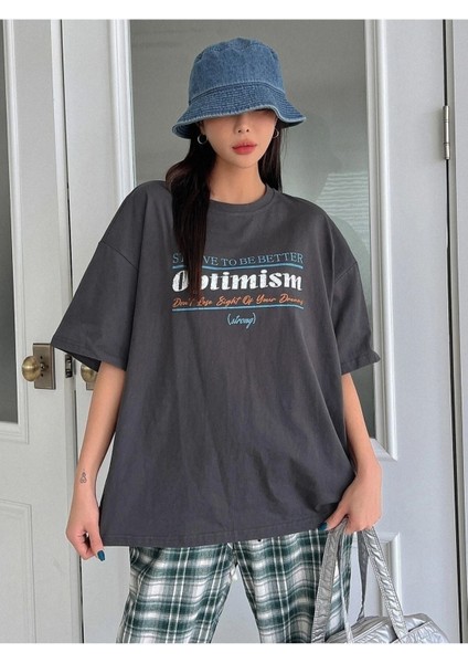 Kadın Antrasit Optimism Baskılı Oversize Bisiklet Yaka Salaş modelleri