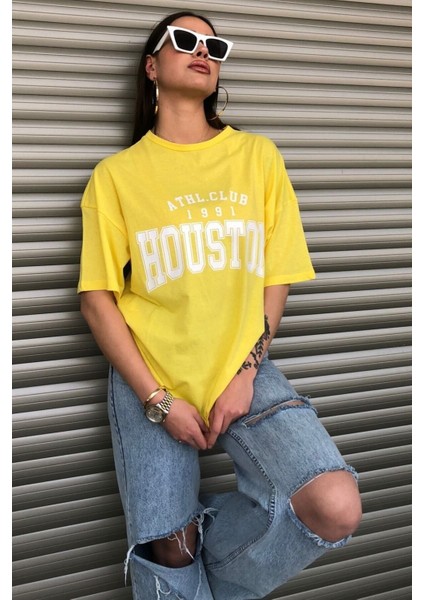 Houston Baskılı Kadın Oversize Saks Mavi Salas T-Shirt Boyfriend fiyatları
