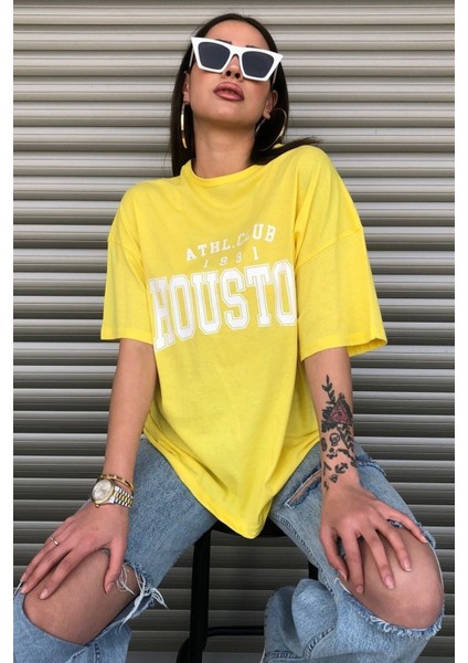 Houston Baskılı Kadın Oversize Saks Mavi Salas T-Shirt Boyfriend modelleri