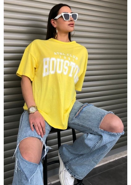 Houston Baskılı Kadın Oversize Saks Mavi Salas T-Shirt Boyfriend fırsatları
