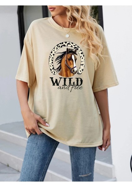 Bej Oversize T-Shirt Wild Baskılı