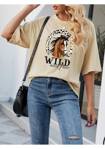 Bej Oversize T-Shirt Wild Baskılı indirimleri