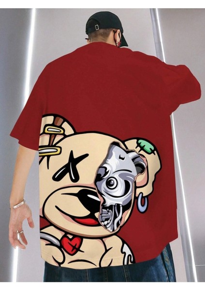 Crazy Bear Baskılı Oversize Erkek T-Shirt Salaş Boyfirend