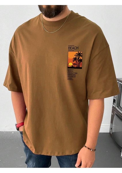 Beach Resim Baskılı Oversize Erkek T-Shirt Salaş Boyfirend modelleri
