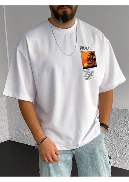 Beach Resim Baskılı Oversize Erkek T-Shirt Salaş Boyfirend