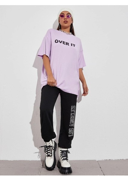 Over It Baskılı Oversize T-Shirt Salaş Boyfirend