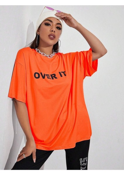 Over It Baskılı Oversize T-Shirt Salaş Boyfirend