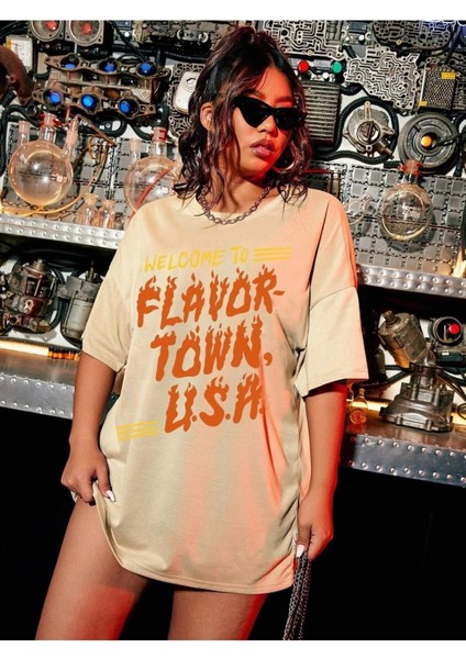 Bej Oversize T-Shirt Flavor Town U.s.a Baskılı