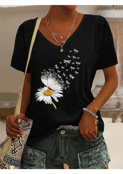 Kadın Baskılı Kadın Oversize V Yaka T-Shirt Salaş