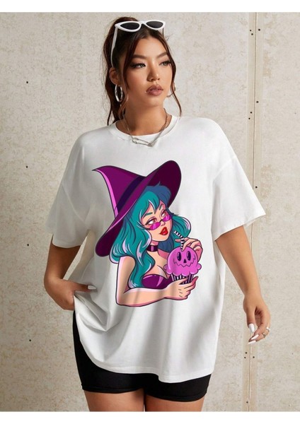 Mor Şapkalı Cadı Baskılı Oversize T-Shirt Salas Boyfriend