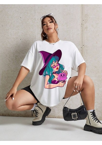 Mor Şapkalı Cadı Baskılı Oversize T-Shirt Salas Boyfriend fiyatları