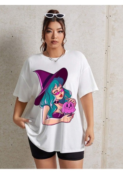 Mor Şapkalı Cadı Baskılı Oversize T-Shirt Salas Boyfriend fırsatları
