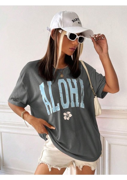 Aloha Baskılı Oversize T-Shirt Salaş Boyfirend modelleri