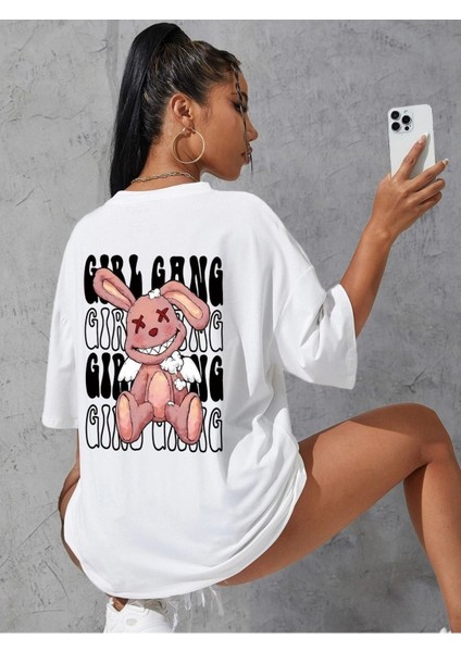 Girl Gang Baskılı Oversize T-Shirt Salaş Boyfirend