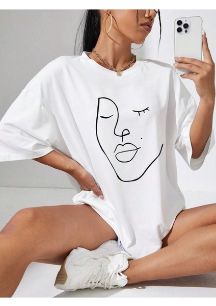 Face Baskılı Kadın Oversize Salaş T-Shirt Boyfriend