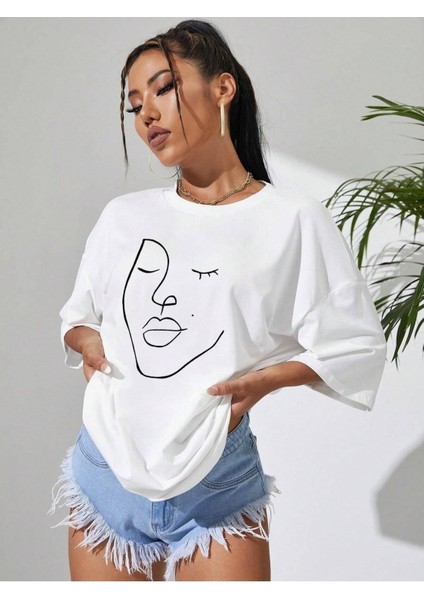 Face Baskılı Kadın Oversize Salaş T-Shirt Boyfriend fiyatları