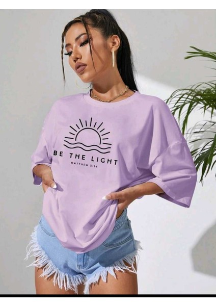 Kadın Be The Lıght Baskılı Oversize Salaş T-Shirt Ünisex Boyfirend