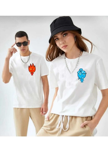 Ateş/su Baskılı 2'li Takım Oversize Salas T-Shirt Boyfriend