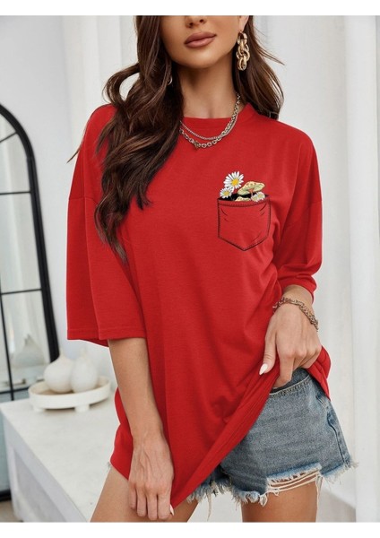 Pocket Printed Baskılı Kadın Oversize Salas T-Shirt Boyfriend