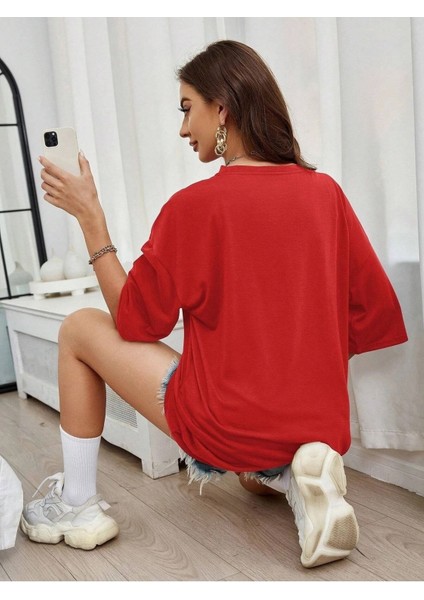 Pocket Printed Baskılı Kadın Oversize Salas T-Shirt Boyfriend modelleri
