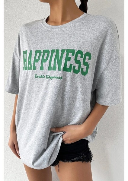 Happıness Baskılı Kadın Oversize Salas T-Shirt Boyfirend indirimleri