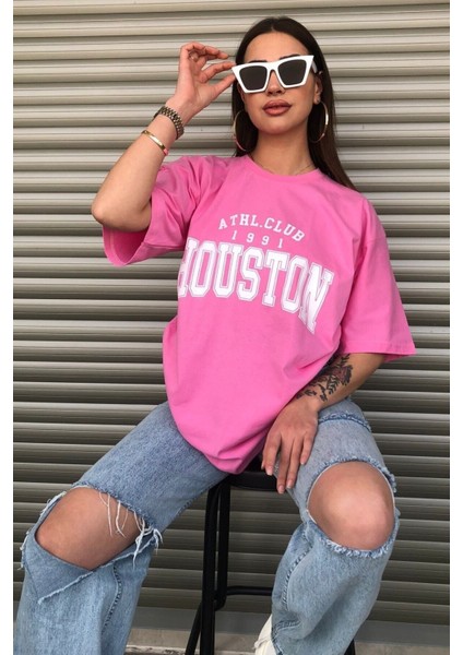Houston Baskılı Kadın Oversize Saks Mavi Salas T-Shirt Boyfriend