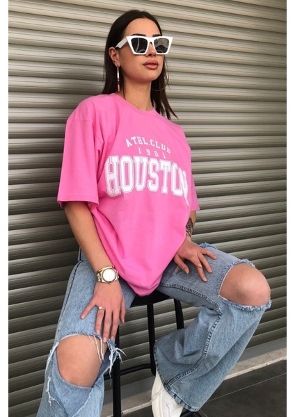 Houston Baskılı Kadın Oversize Saks Mavi Salas T-Shirt Boyfriend fiyatları