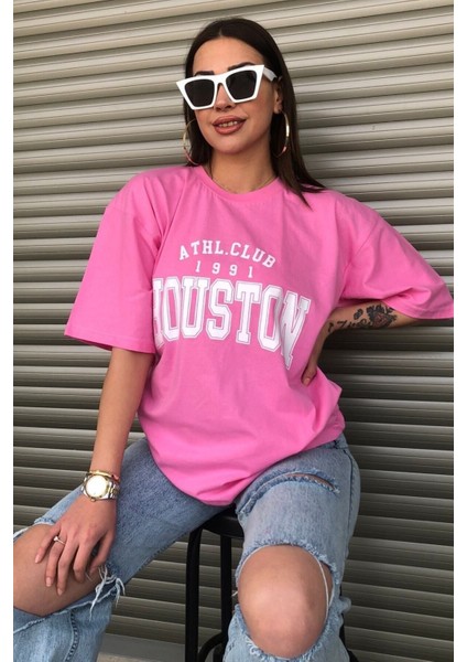 Houston Baskılı Kadın Oversize Saks Mavi Salas T-Shirt Boyfriend modelleri