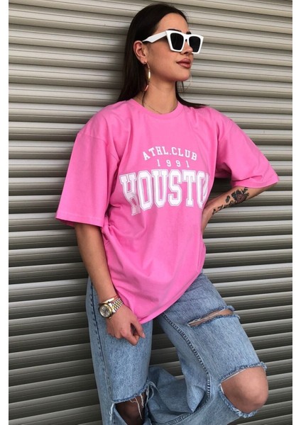 Houston Baskılı Kadın Oversize Saks Mavi Salas T-Shirt Boyfriend fırsatları
