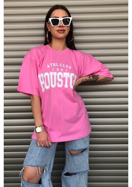Houston Baskılı Kadın Oversize Saks Mavi Salas T-Shirt Boyfriend indirimleri