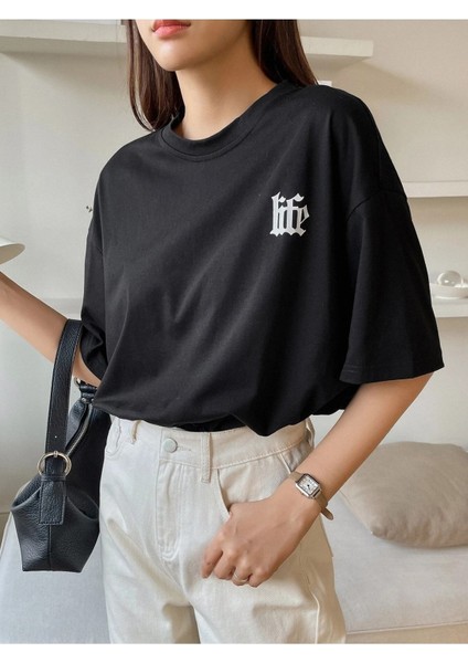 Siyah Life Baskılı Oversize T-Shirt