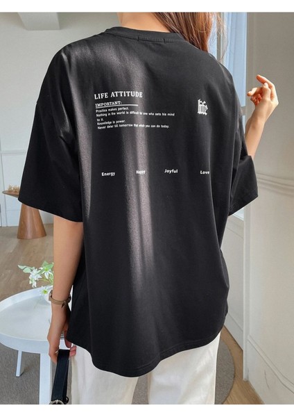 Siyah Life Baskılı Oversize T-Shirt modelleri