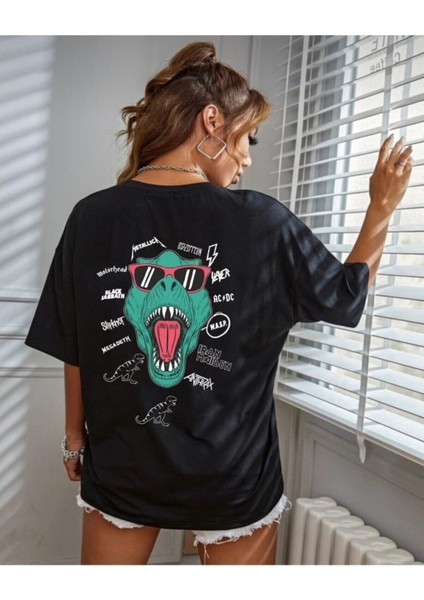 Oversize Dinozor Baskılı Siyah Tshirt