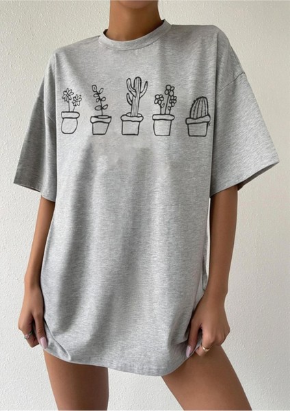 Kadın Kaktüs Baskılı Oversize T-Shirt