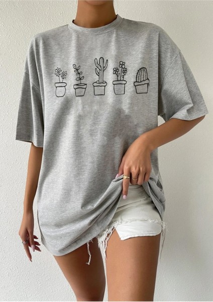 Kadın Kaktüs Baskılı Oversize T-Shirt fiyatları