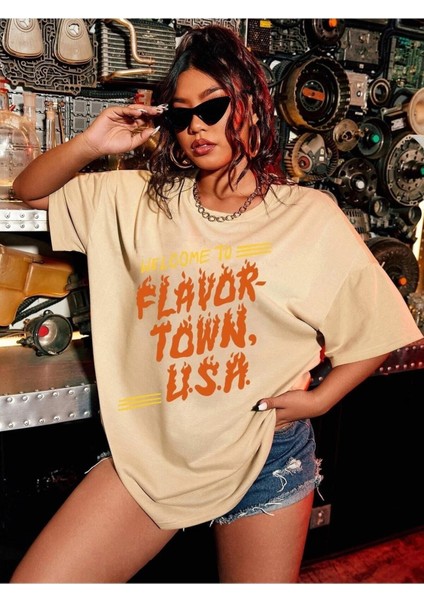 Bej Oversize T-Shirt Flavor Town U.s.a Baskılı fırsatları