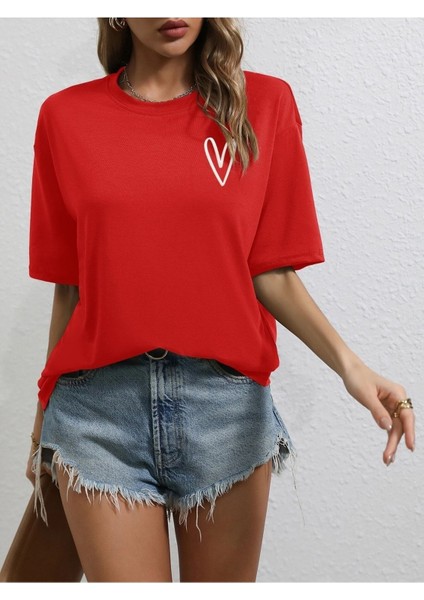 Tiny Heart Baskılı Kadın Oversize Kırmızı Salas T-Shirt Boyfriend fiyatları