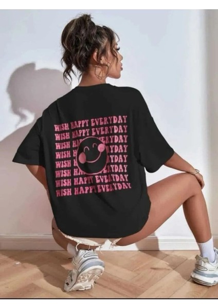Kadın Smile Oversize Salas Boyfriend Baskılı T-Shirt Top Bluz