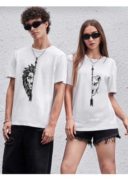 2'li Kombin Aslan/kaplan Baskılı Kadın Oversize Salas T-Shirt Boyfriend
