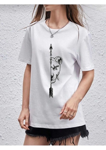 2'li Kombin Aslan/kaplan Baskılı Kadın Oversize Salas T-Shirt Boyfriend modelleri