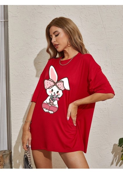 Rabbit Baskılı Kadın Oversize Salas T-Shirt Boyfriend fırsatları