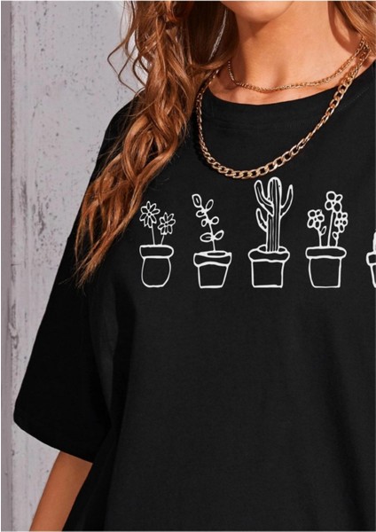 Kadın Kaktüs Baskılı Oversize T-Shirt