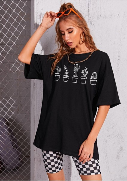 Kadın Kaktüs Baskılı Oversize T-Shirt fiyatları