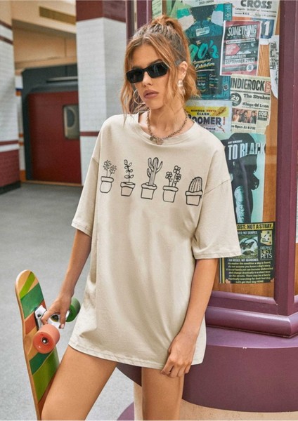 Kadın Kaktüs Baskılı Oversize T-Shirt